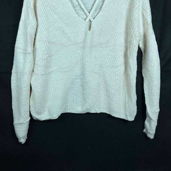 Express Womens Sweater Cream V Neck Criss Cross Slit Back Knit Cotton Blend M - Picture 3 of 12